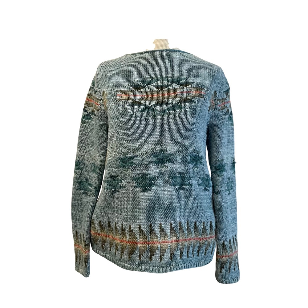 Ralph Lauren Petite Hand Knit Sweater Blue Aztec Pattern Linen Cotton Women's‎ S